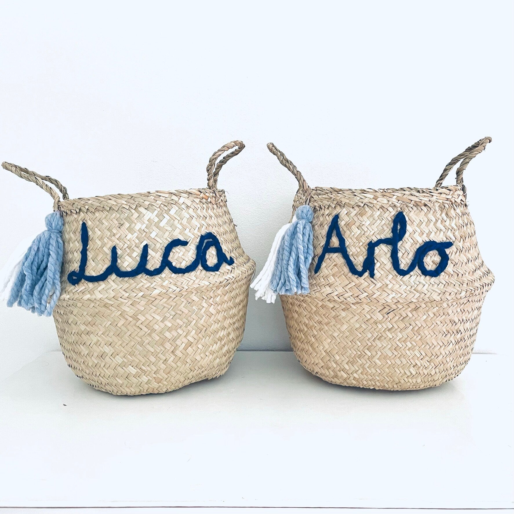 Blue Personalised tassel name basket - Large